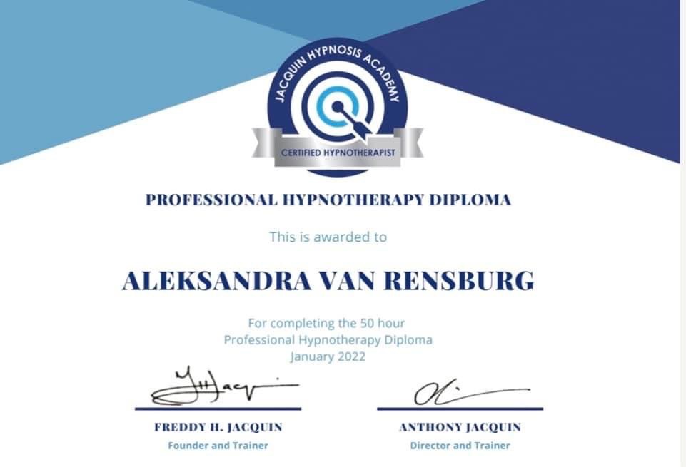 Dyplom ukończenia kursu Professional Hypnotherapy Diploma dla Aleksandry Van Rensburg, wystawiony przez Jacquin Hypnosis Academy, podpisany przez Freddy'ego H. Jacquin i Anthony Jacquin.