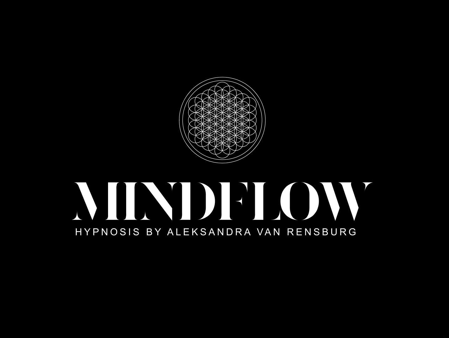 Logo firmy Mindflow Hypnosis by Aleksandra van Rensburg na czarnym tle z symbolem geometrycznym Flower of Life powyżej nazwy.
