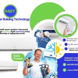 Sebastian kalinowski - Profesjonalny montaż klimatyzacji: serwis, szybka oferta i dobre ceny. Monter z narzędziami, zamontowane klimatyzatory, logo firmy i dane kontaktowe.