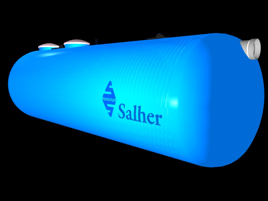 Niebieski, poziomy zbiornik z tworzywa sztucznego marki Salher na czarnym tle, widoczne dwa włazy na górze i króciec z boku.