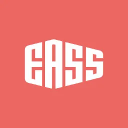 Białe logo 'CASS' w geometrycznym stylu na koralowym tle.