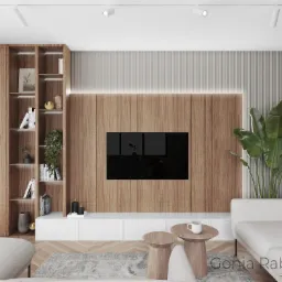 Wizualizacja salonu z drewnianą ścianą telewizyjną, regałem z oświetleniem punktowym, szarą sofą i stolikami kawowymi na dywanie w jodełkę.