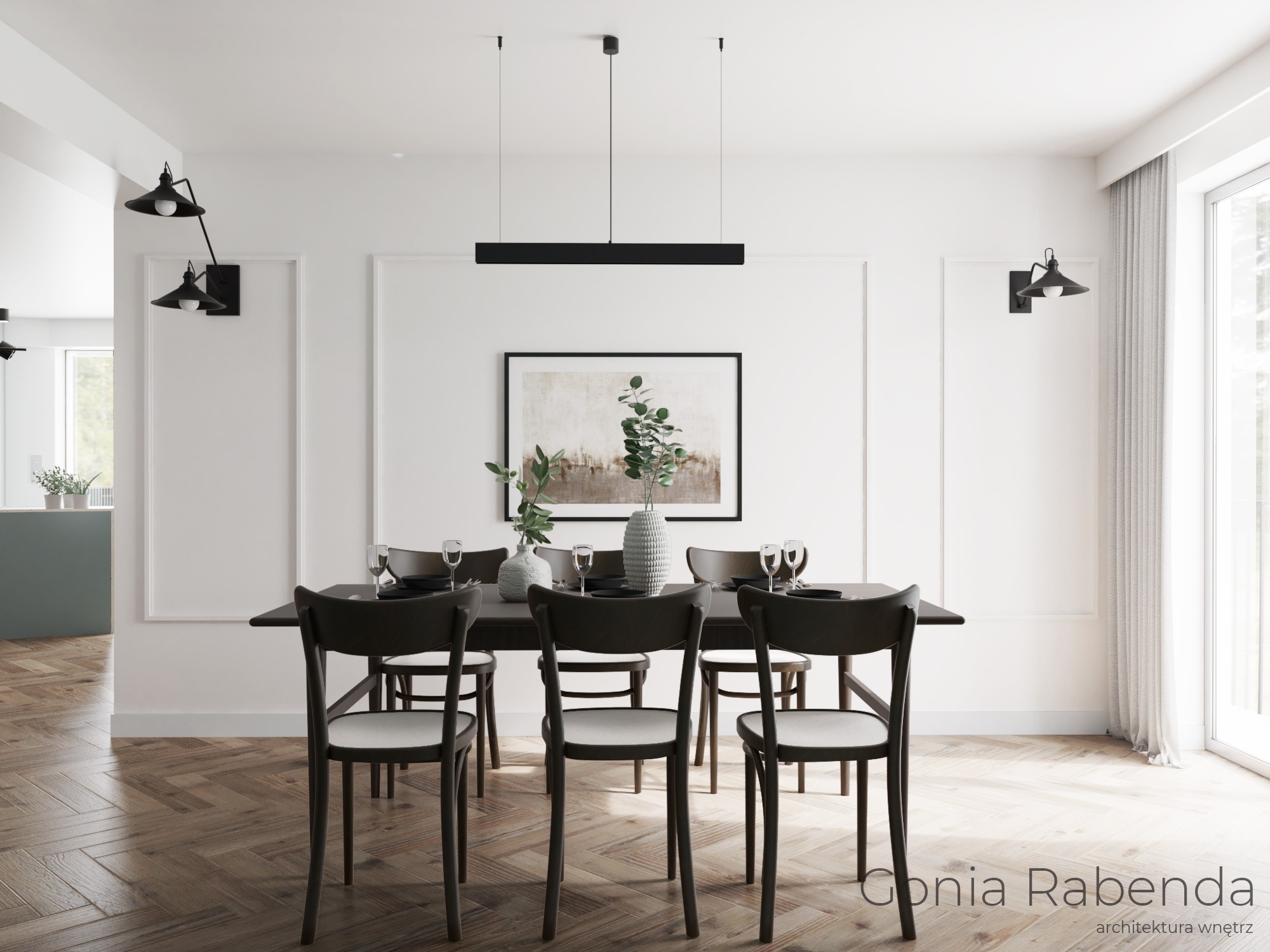 Jadalnia w minimalistycznym stylu z ciemnym stołem, krzesłami z białymi siedziskami i parkietem w jodełkę, oświetlona czarnymi lampami ściennymi i wiszącą lampą liniową.