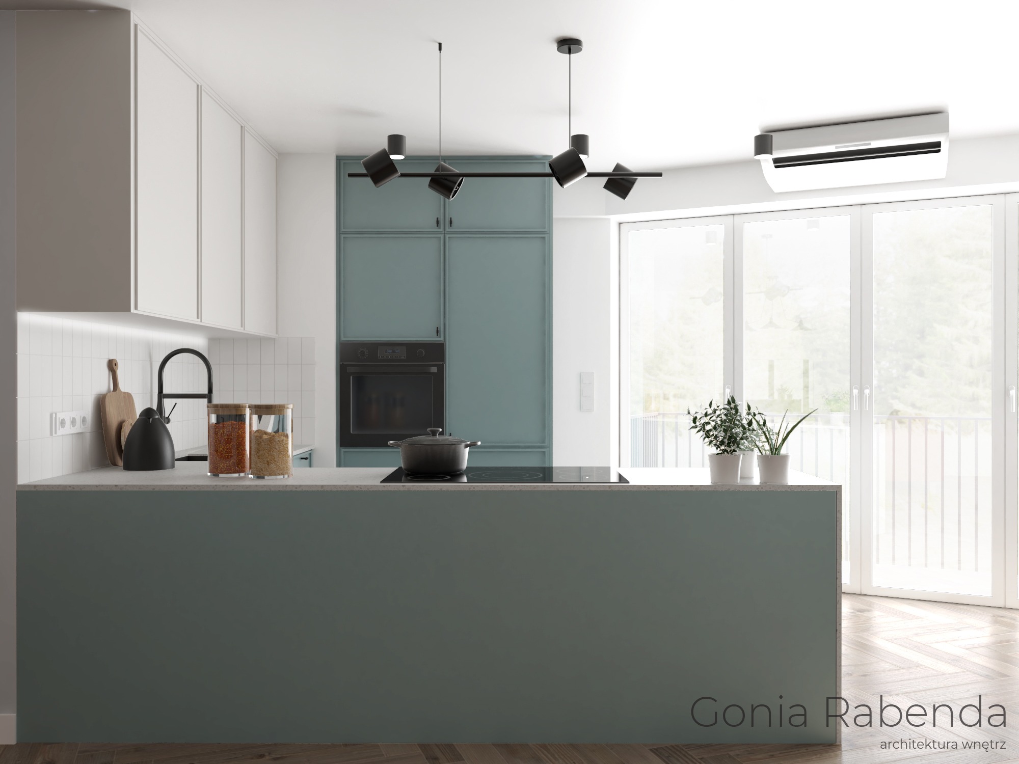 Nowoczesna kuchnia w odcieniach bieli i zieleni z wyspą kuchenną, czarnymi lampami sufitowymi i drewnianą podłogą w jodełkę.