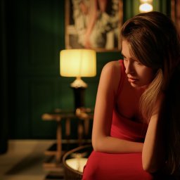 pawelzalecki.pl - Zamyślona kobieta w czerwonej sukience siedzi w pokoju z zielonymi ścianami, oświetlonym ciepłym światłem lampy, z ręką we włosach i delikatnym wyrazem twarzy.