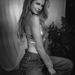 pawelzalecki.pl - Czarno-białe zdjęcie kobiety z długimi włosami, ubranej w błyszczący top i dżinsy, pozującej na tle zasłony i rośliny doniczkowej.
