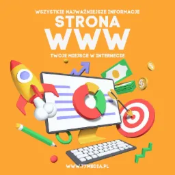 Grafika 3D przedstawiająca monitor z wykresem kołowym, rakietę, strzałę w tarczy, pieniądze i klawiaturę na pomarańczowym tle z napisem STRONA WWW.