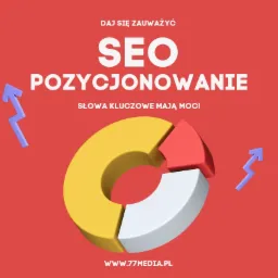Grafika przedstawia schemat kołowy z kolorowymi segmentami (żółty, czerwony, biały) na czerwonym tle, z hasłem 'DAJ SIĘ ZAUWAŻYĆ SEO POZYCJONOWANIE' oraz mottem 'SŁOWA KLUCZOWE MAJĄ MOC!' i adresem...