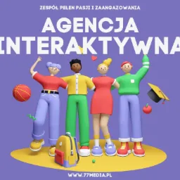 3D ilustracja zespołu Agencji Interaktywnej z Dzierżoniowa, z piłką, plecakiem i biretem na fioletowym tle, symbolizująca kreatywność i edukację.
