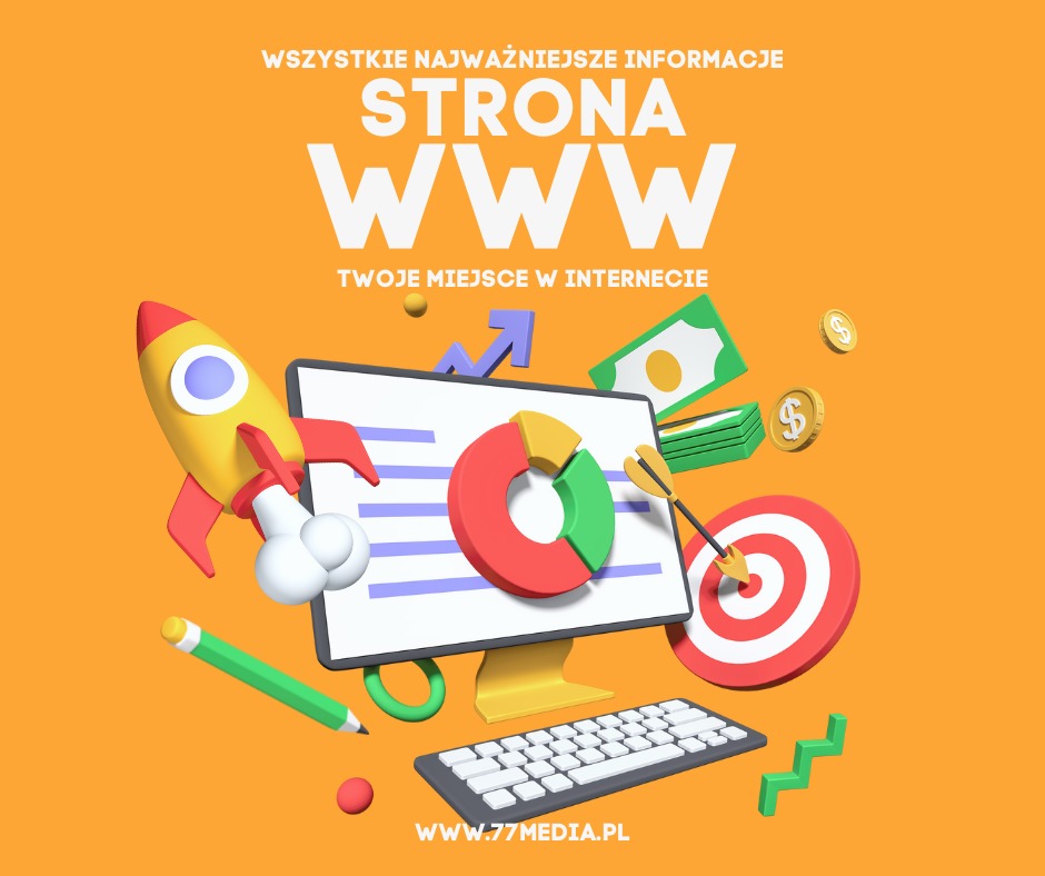 Grafika 3D przedstawiająca monitor z wykresem kołowym, rakietę, strzałę w tarczy, pieniądze i klawiaturę na pomarańczowym tle z napisem STRONA WWW.