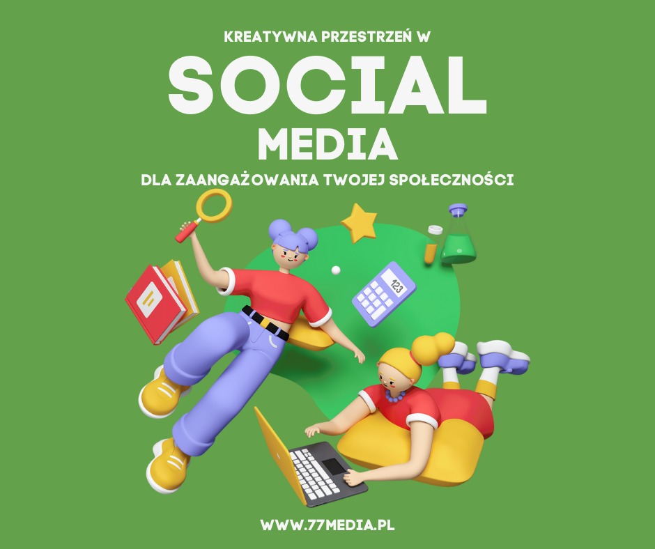 Kreatywna grafika 3D przedstawiająca postacie i symbole związane z mediami społecznościowymi: lupa, książki, kalkulator, probówki i laptop na zielonym tle.