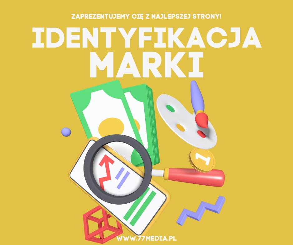 3D render przedstawiający elementy identyfikacji marki: pieniądze, paleta z pędzlem, lupa analizująca wykres wzrostu, kostka i zygzak na żółtym tle.