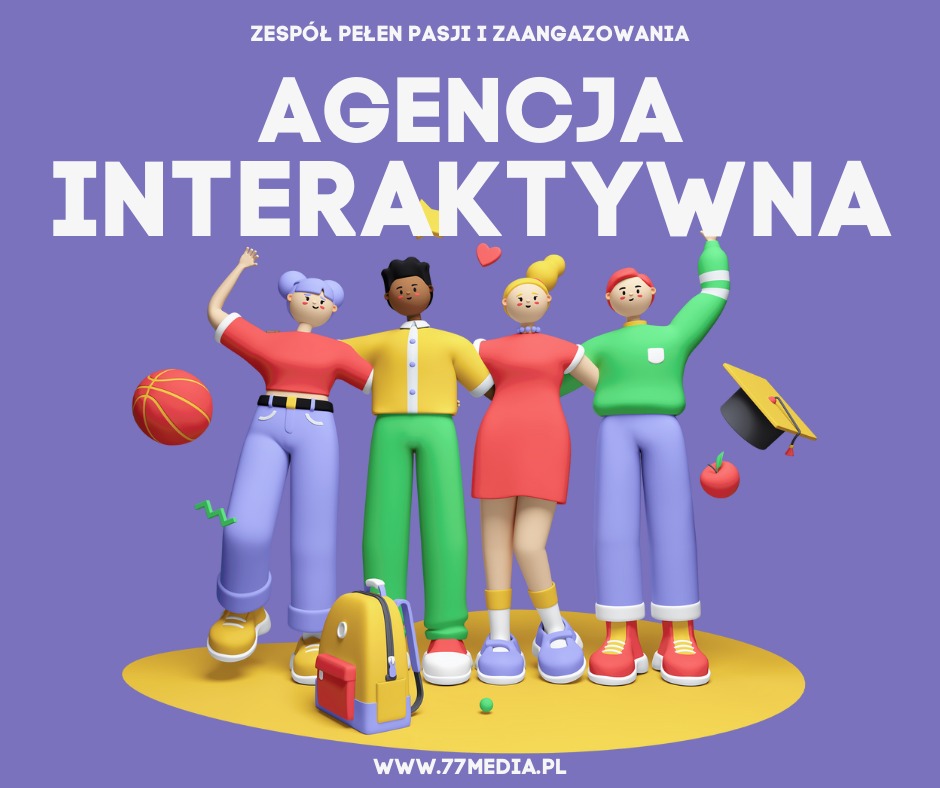 3D ilustracja zespołu Agencji Interaktywnej z Dzierżoniowa, z piłką, plecakiem i biretem na fioletowym tle, symbolizująca kreatywność i edukację.