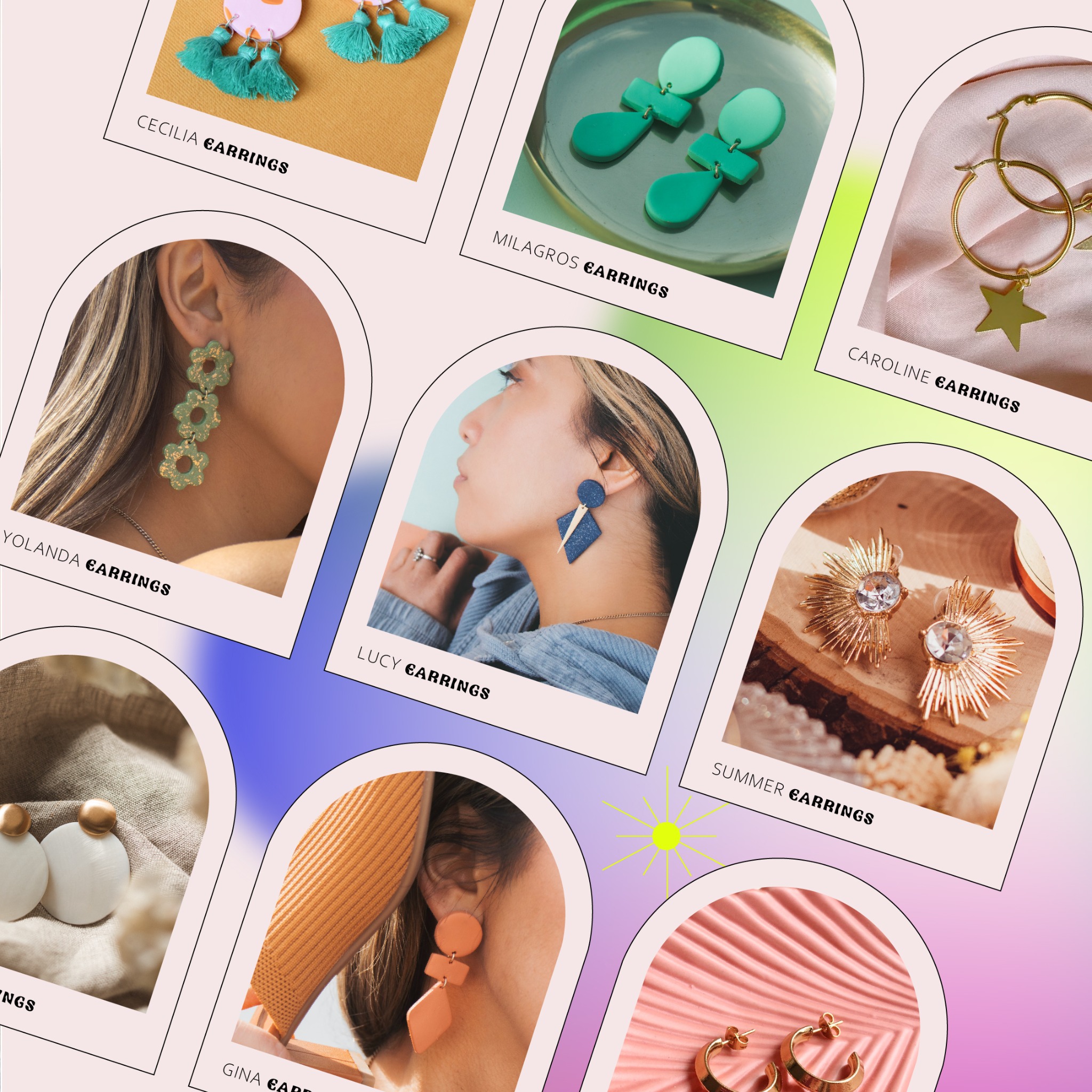 Kompozycja przedstawiająca różnorodne kolczyki w stylu vintage, każdy z nich prezentowany w osobnej ramce przypominającej polaroid na gradientowym tle. Kolczyki są różnych kształtów, kolorów...