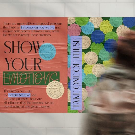Plakat z tekstem 'Show Your Emotions' i hasłem 'Take one of these' obok grafiki z emotikonami, całość w stylu retro vintage.