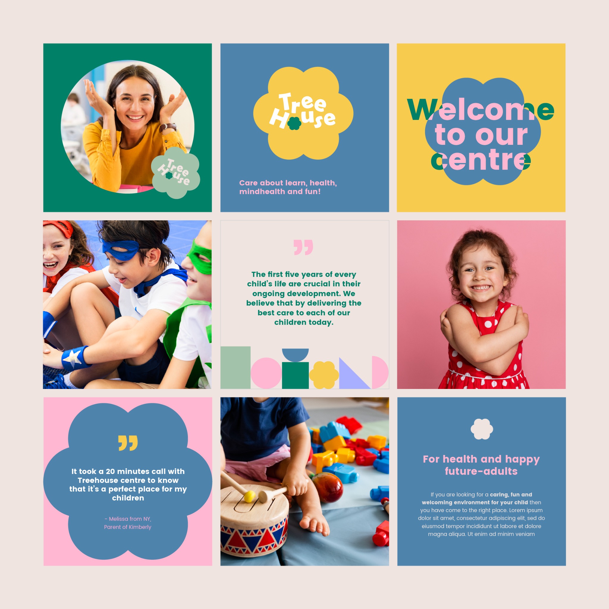 Kompozycja z dziewięciu kwadratowych kadrów: uśmiechnięta kobieta w żółtej bluzce, logo Tree House, napis Welcome to our centre, dzieci w kostiumach superbohaterów, tekst o rozwoju dziecka...