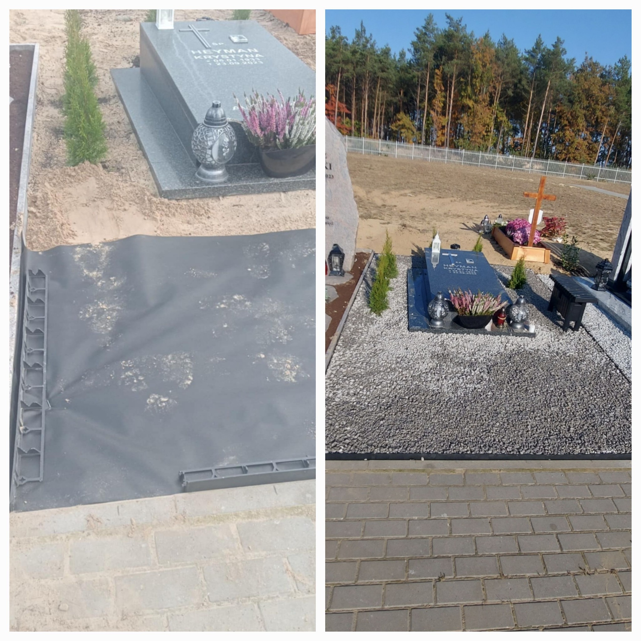 Porównanie stanu przed i po zagospodarowania terenu wokół nagrobka: czarna mata szkółkarska z widocznymi odciskami butów kontra wysypany szarym żwirem teren z obrzeżami z kostki, roślinami...