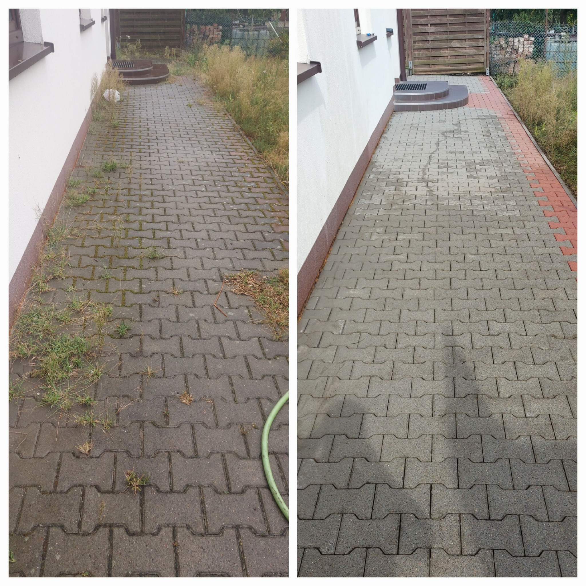 Porównanie kostki brukowej przed i po czyszczeniu: po lewej stronie zabrudzona mchem i trawą, po prawej czysta, szara kostka brukowa.