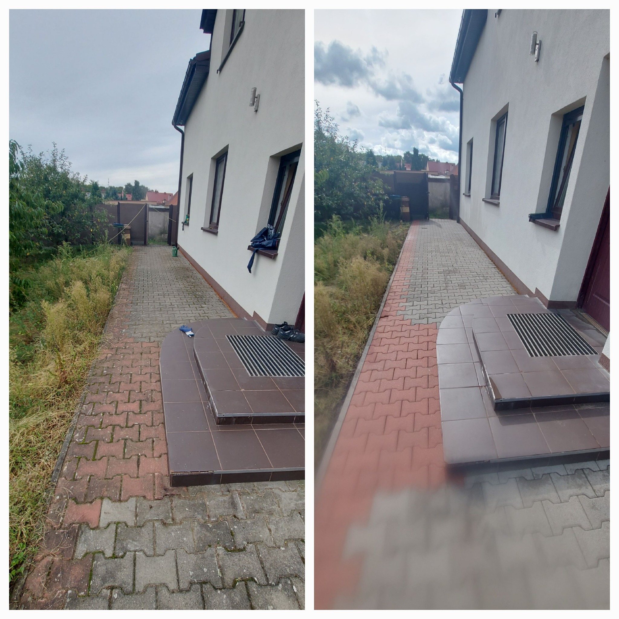 Porównanie kostki brukowej przed i po czyszczeniu: po lewej stronie kostka szara, porośnięta mchem i chwastami, po prawej - czerwona, czysta, po umyciu widać jeszcze ślady wilgoci.