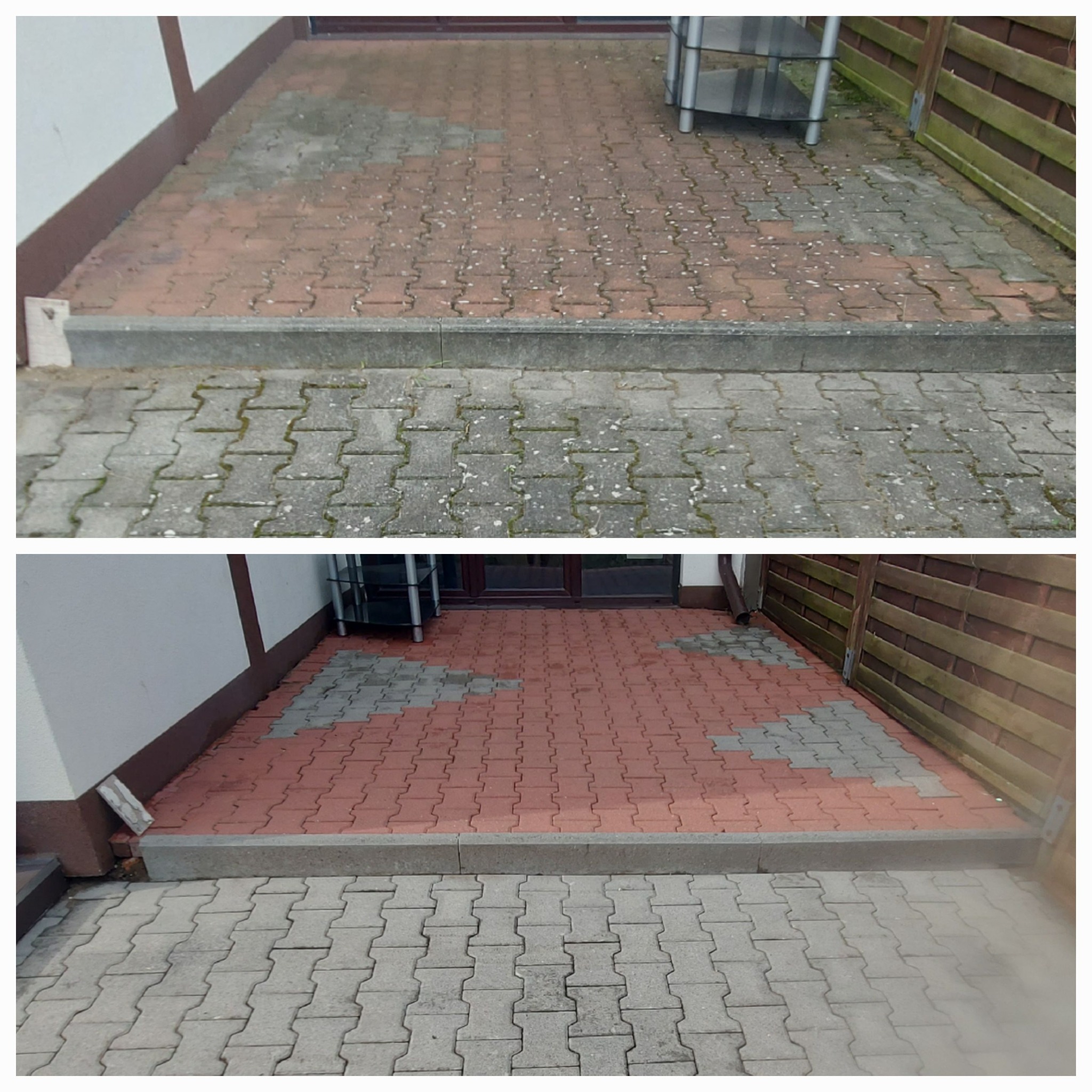 Porównanie stanu kostki brukowej przed i po czyszczeniu: górna część pokryta mchem i zabrudzeniami, dolna część wyczyszczona, ukazująca czerwoną barwę kostki.