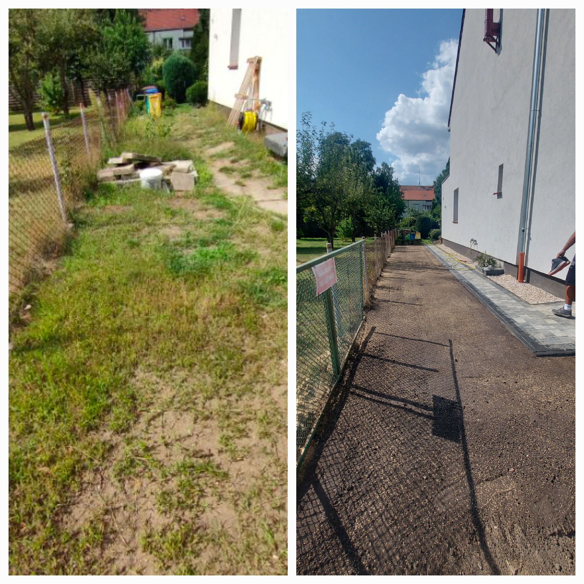 Porównanie stanu działki przed i po: zaniedbany trawnik z chwastami kontra wyrównana ziemia z nową kostką brukową i obsianą trawą wzdłuż ogrodzenia.