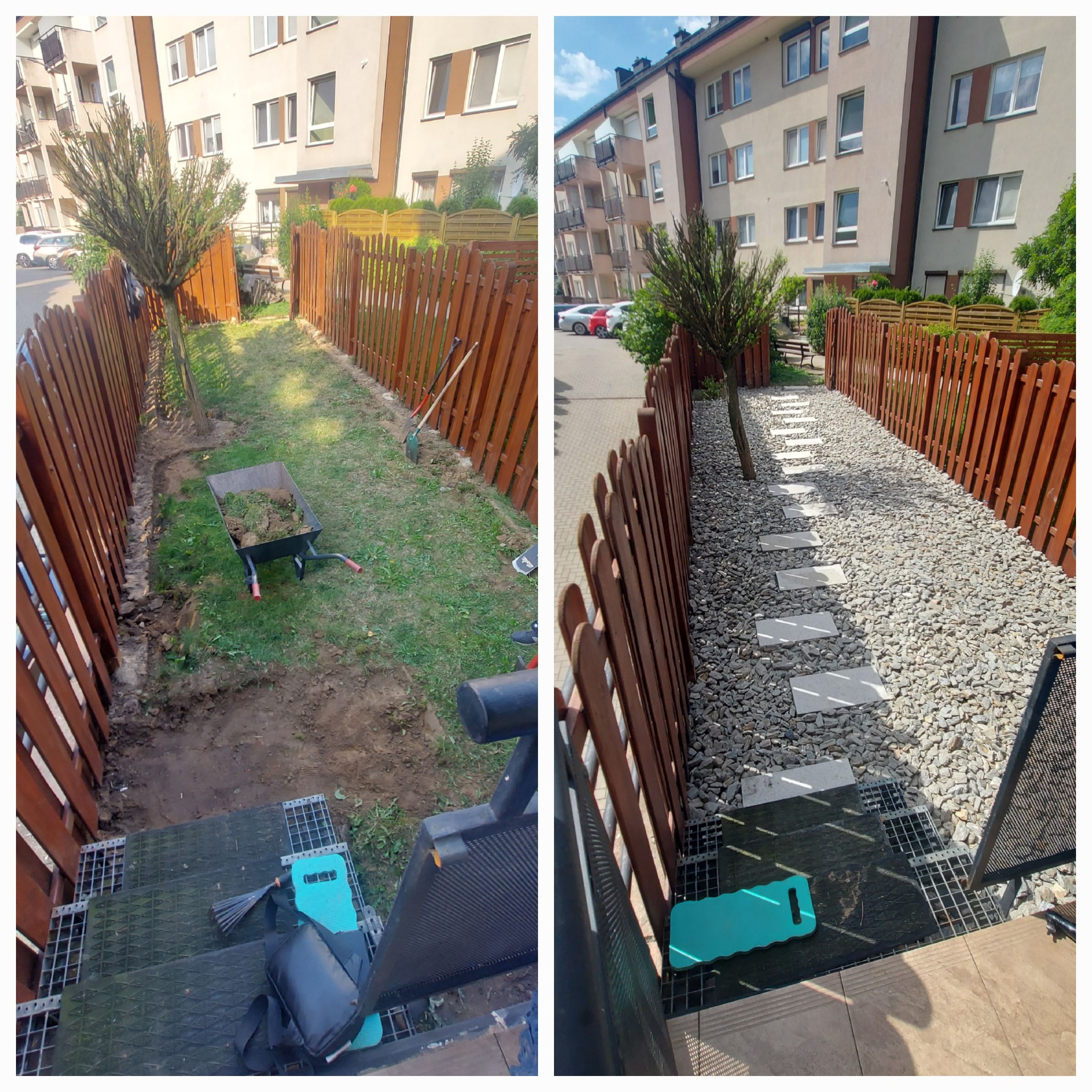 Porównanie stanu przed i po: trawnik zaniedbany z taczką pełną ziemi kontra ścieżka z szarych kamieni i płyt chodnikowych wzdłuż drewnianego płotu, widok z góry ze schodów.