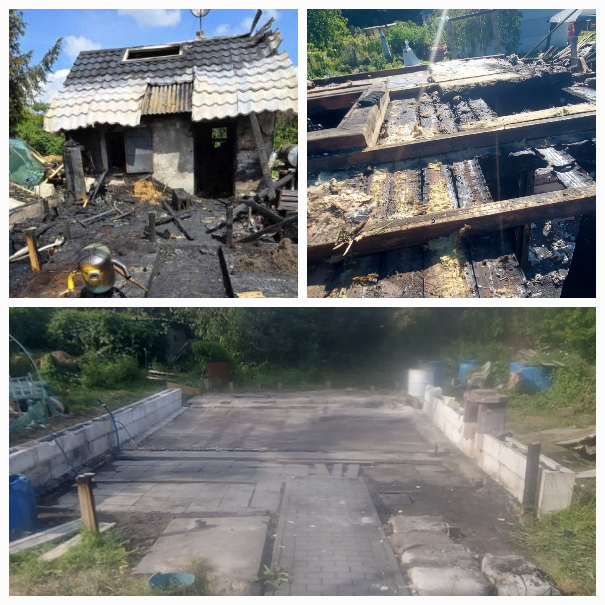 Zdjęcie przedstawia zniszczony budynek po pożarze. Widoczne spalone elementy konstrukcyjne, zwęglone drewno i zniszczony dach. Na drugim planie zarys fundamentów lub podjazdu również zniszczonego...