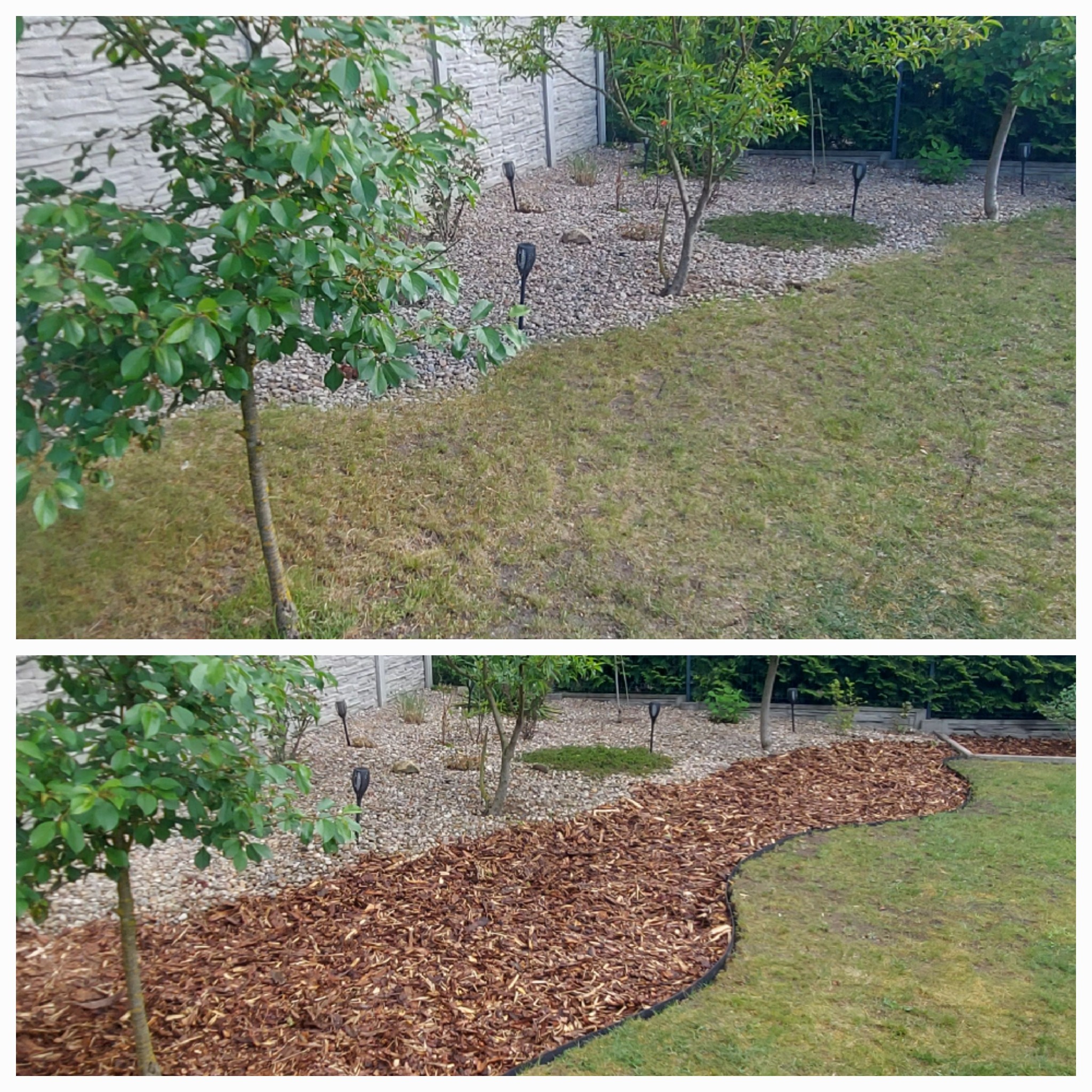 Porównanie stanu ogrodu przed i po: trawnik z suchymi plamami i kamieniami dekoracyjnymi zamieniony na rabatę z kory drzewnej i obrzeżem, widoczne lampki solarne.