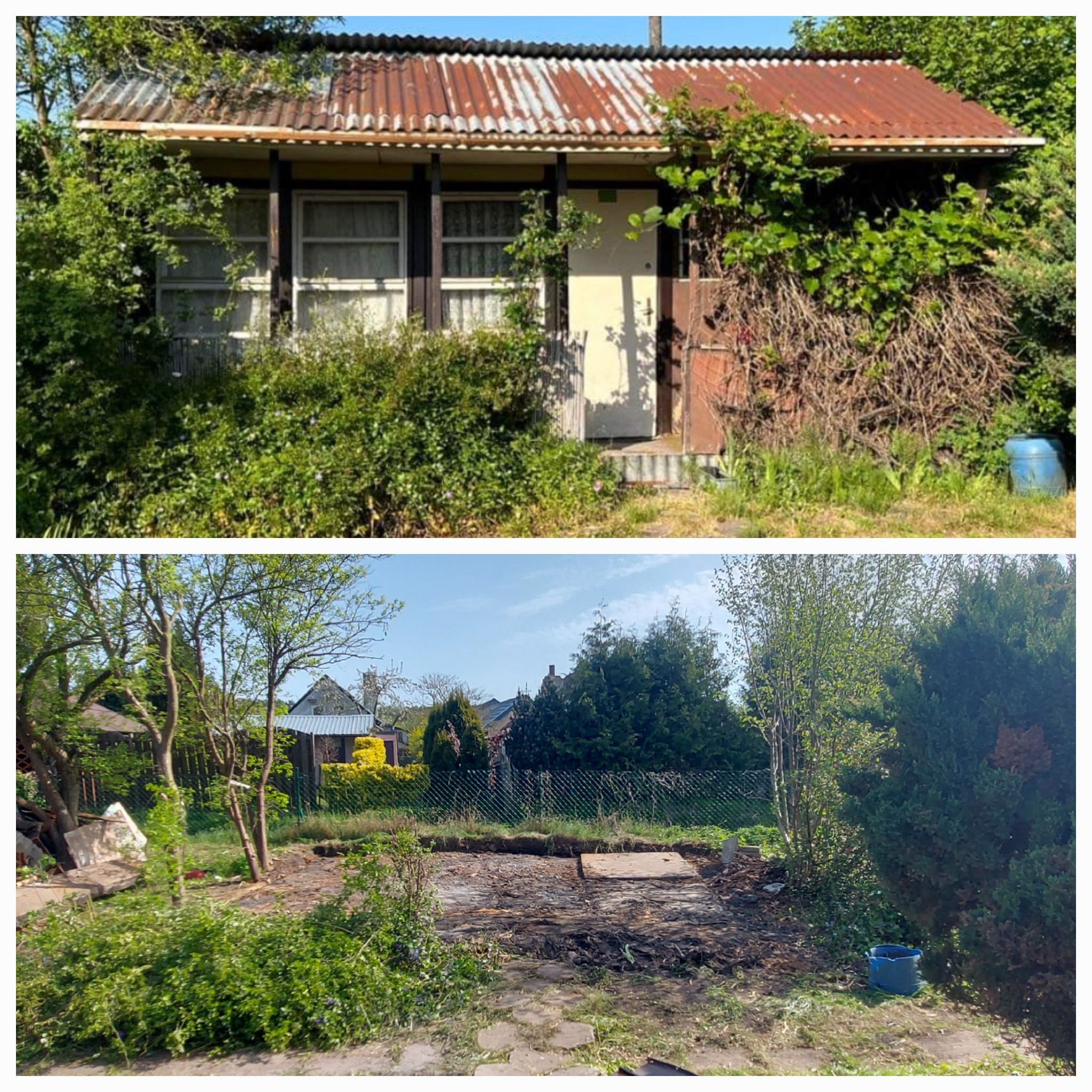 Dwa ujęcia: zaniedbana altana z zarośniętą roślinnością i zardzewiałym dachem oraz teren po rozbiórce altany z widocznymi pozostałościami fundamentów i gruzem.