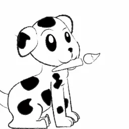 Rysunek przedstawia siedzącego szczeniaka dalmatyńczyka trzymającego w pysku pędzel malarski.