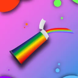 Stylizowana tuba farby w barwach tęczy, z której wydobywa się tęczowa smuga na gradientowym fioletowo-różowo-niebieskim tle z kolorowymi okręgami.