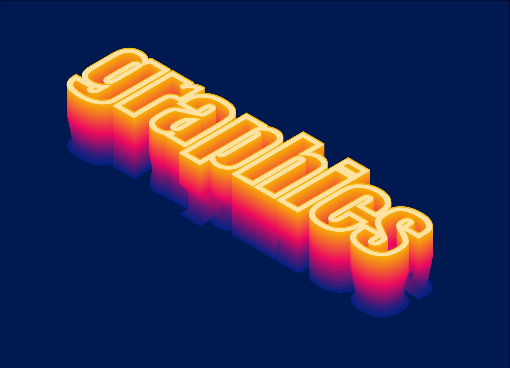 Izometryczny napis 'graphics' z gradientem od żółtego do różowego na ciemnoniebieskim tle, generujący odbicie.