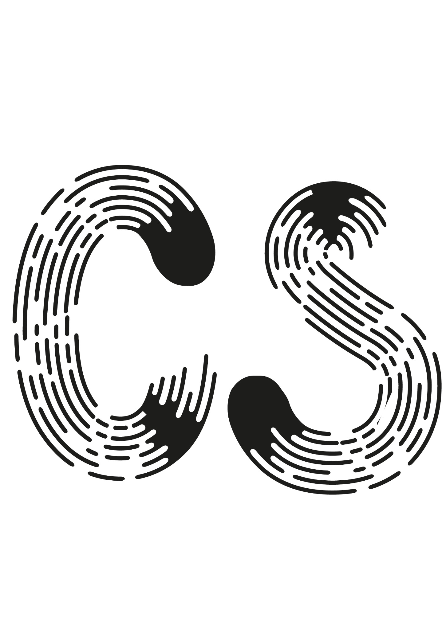 Monogram 'CS' w stylu retro, utworzony z grubych czarnych linii i kropek, na białym tle.