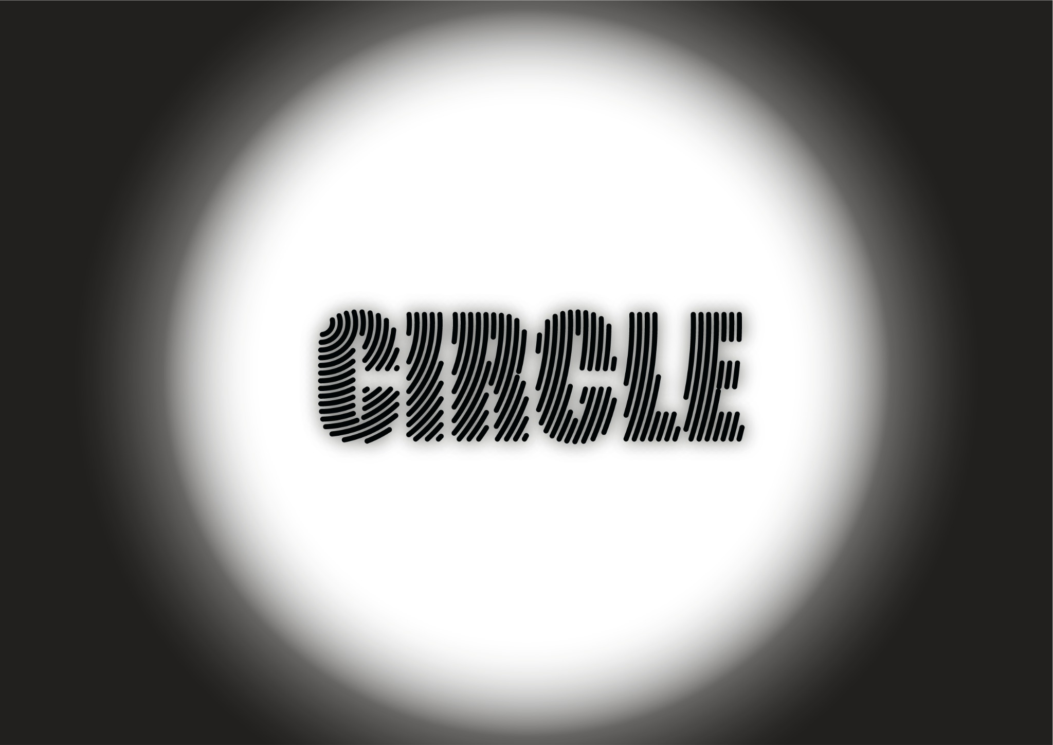 Słowo 'CIRCLE' zapisane czarnymi liniami przypominającymi odcisk palca, umieszczone na rozmytym czarno-białym tle.