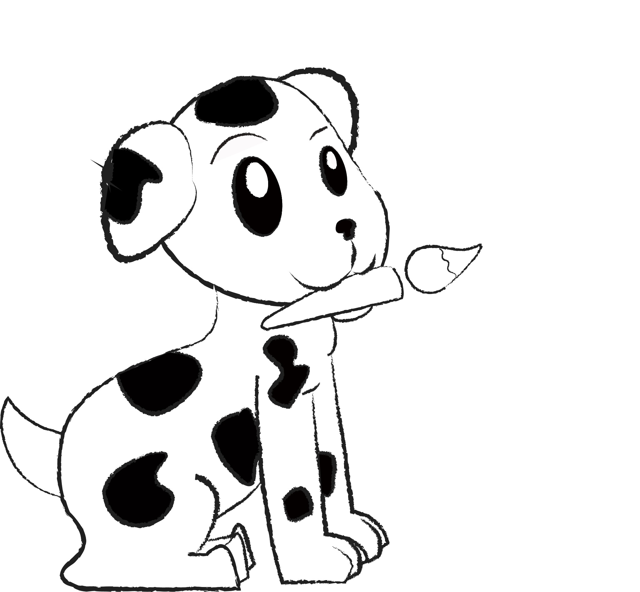 Rysunek przedstawia siedzącego szczeniaka dalmatyńczyka trzymającego w pysku pędzel malarski.