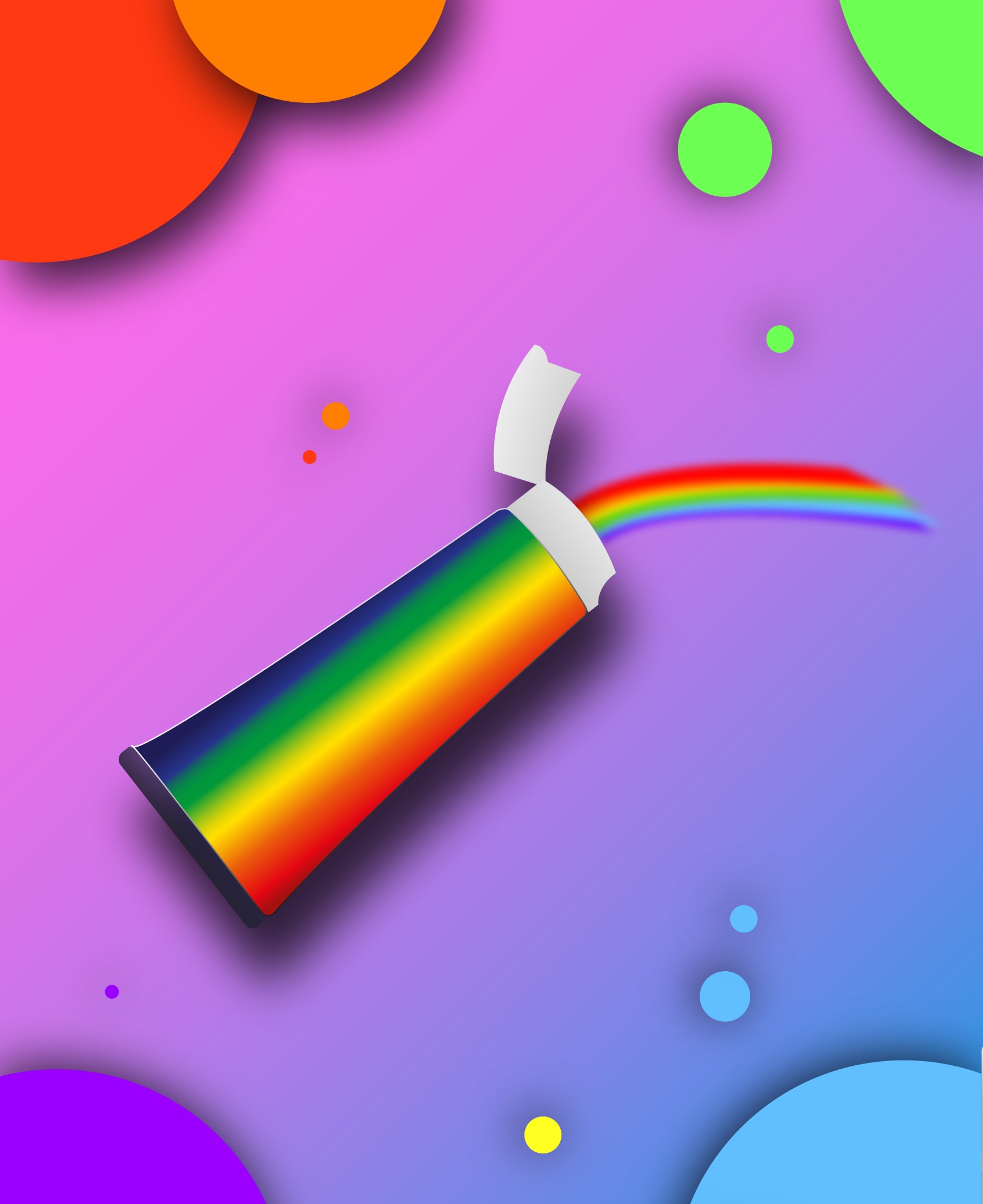 Stylizowana tuba farby w barwach tęczy, z której wydobywa się tęczowa smuga na gradientowym fioletowo-różowo-niebieskim tle z kolorowymi okręgami.