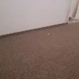 Brązowa wykładzina dywanowa ułożona w rogu pokoju, widoczna biała listwa przypodłogowa i fragment ściany.