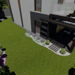 Wizualizacja ogrodu z nowoczesną pergolą, równym trawnikiem, żywopłotem i rabatą z lawendą przy budynku o szarej elewacji.