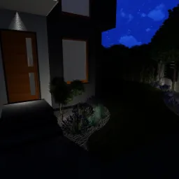 Nocne oświetlenie elewacji domu z podświetlonymi krzewami i lawendą wzdłuż ścieżki i ogrodzenia.