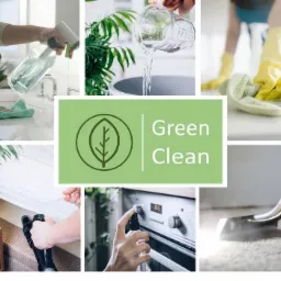 Kompozycja zdjęć przedstawiająca różne etapy i aspekty ekologicznego czyszczenia: rozpylanie płynu na blat, wlewanie wody do naczynia, wycieranie powierzchni w rękawicach, czyszczenie materaca...