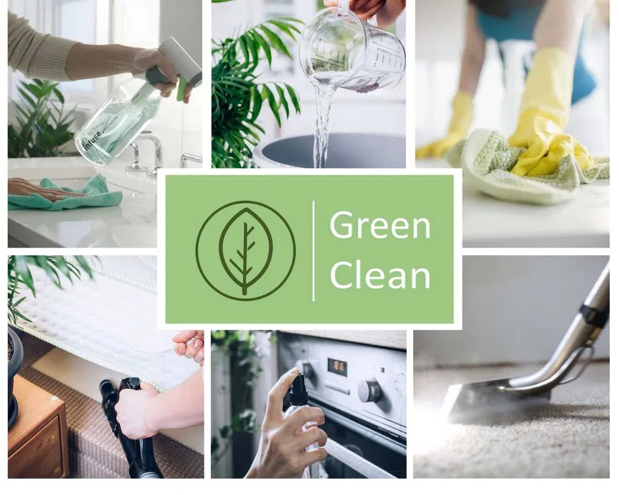 Kompozycja zdjęć przedstawiająca różne etapy i aspekty ekologicznego czyszczenia: rozpylanie płynu na blat, wlewanie wody do naczynia, wycieranie powierzchni w rękawicach, czyszczenie materaca...