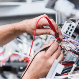 Elektryk mierzy napięcie w rozdzielnicy za pomocą miernika z czerwonym przewodem, widoczne kolorowe kable z etykietami.