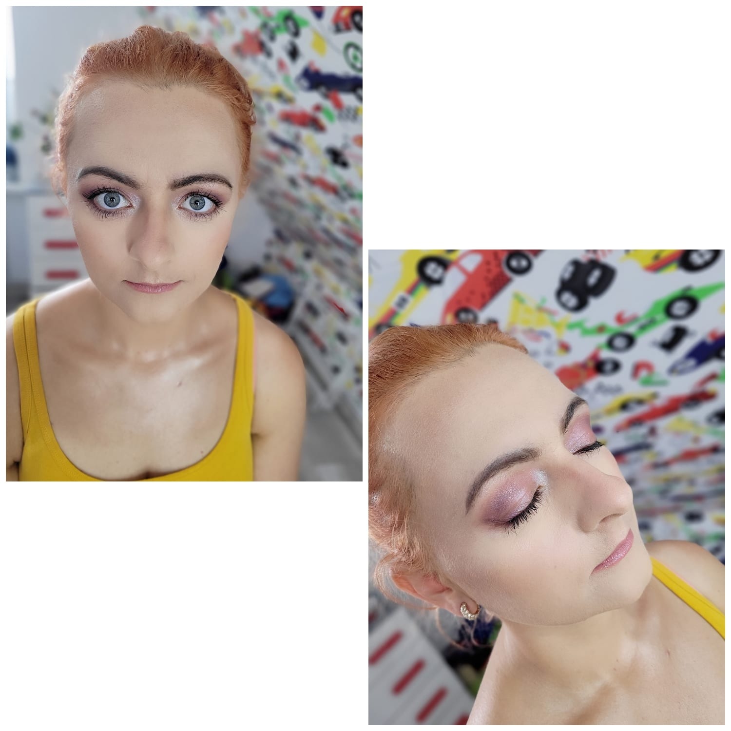 Portret kobiety z delikatnym, różowym cieniowaniem powiek i błyszczącymi ustami, na tle ściany z motywem samochodów.