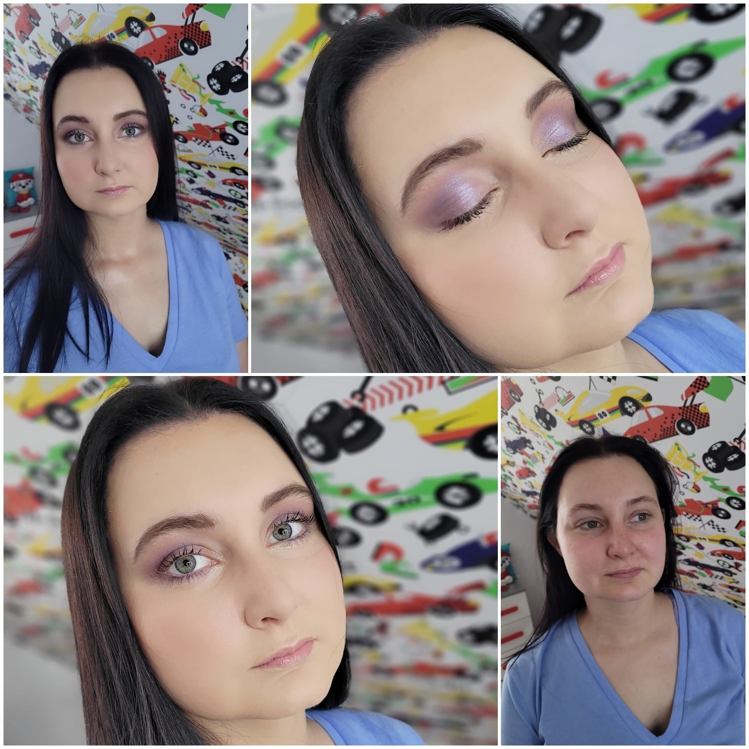 Kobieta z fioletowym cieniem na powiekach, prezentacja efektu na czterech ujęciach z różnej perspektywy, tło z motywem samochodów wyścigowych.