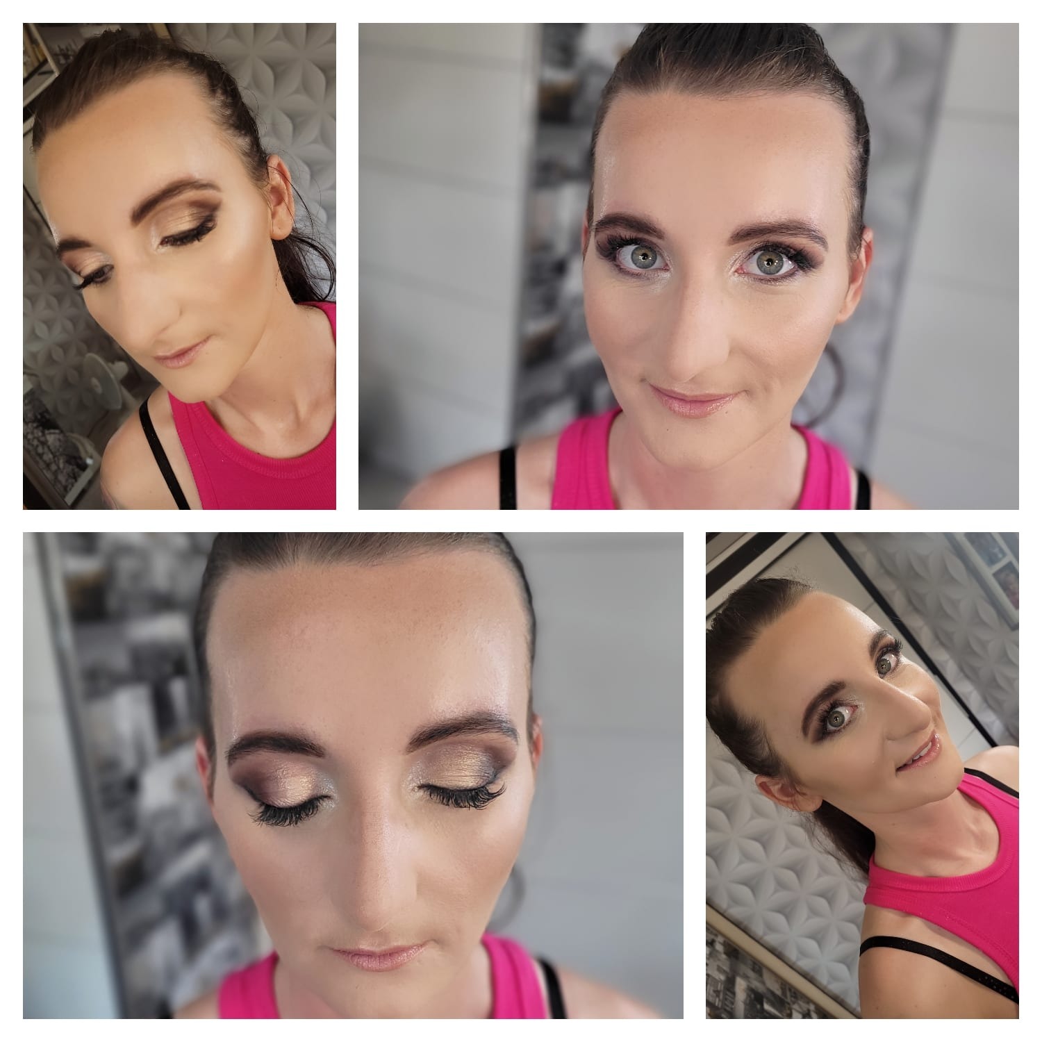 Kolaż czterech ujęć kobiety z wieczorowym upiększeniem oczu w odcieniach brązu i beżu, podkreślone kości policzkowe i błyszczące usta.