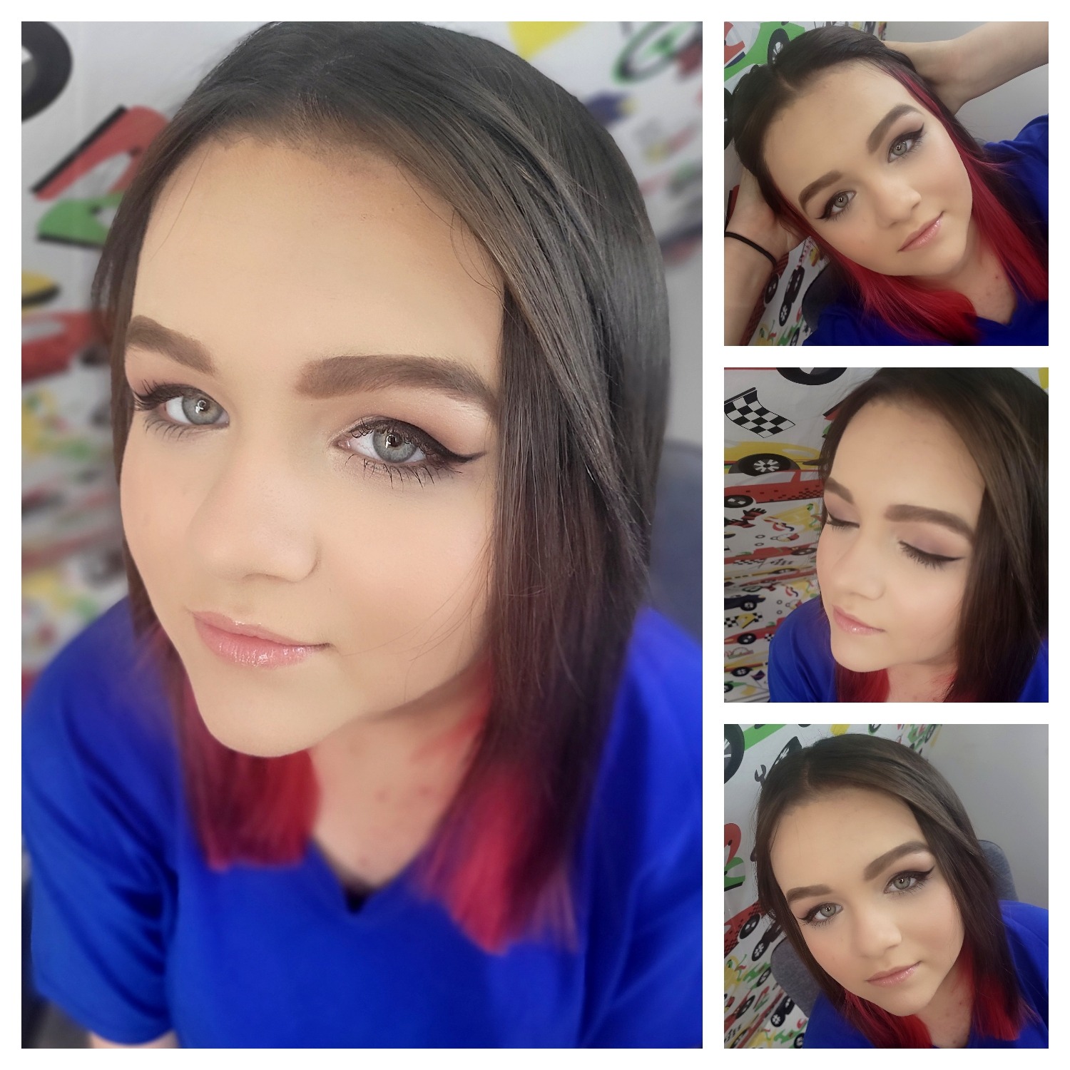 Portret młodej kobiety z delikatnym, dziennym upiększeniem, podkreślonym eyelinerem i błyszczącymi ustami, z widocznymi czerwonymi końcówkami włosów i kolażem dodatkowych ujęć prezentujących efekt