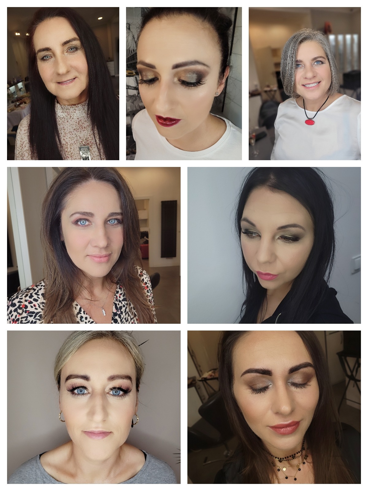 Kolaż portretów kobiet z różnymi stylizacjami okolicznościowymi, uwydatniającymi rysy twarzy i podkreślającymi kolor oczu.