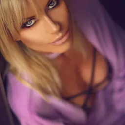 Portret kobiety z blond grzywką, intensywnym makijażem oczu i w fioletowej bluzce, ujęcie z góry.