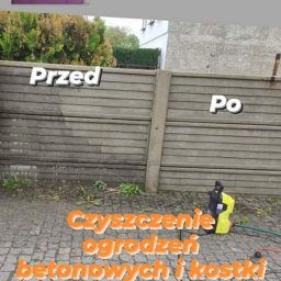 Dom i ogród Usługi Krystian Kłonowski - Zdjęcie z ekranu telefonu prezentujące czyszczenie betonowego ogrodzenia i kostki brukowej z użyciem myjki ciśnieniowej, widoczne ujęcie 'przed' i 'po' zabiegu, z nałożonym tekstem informującym...