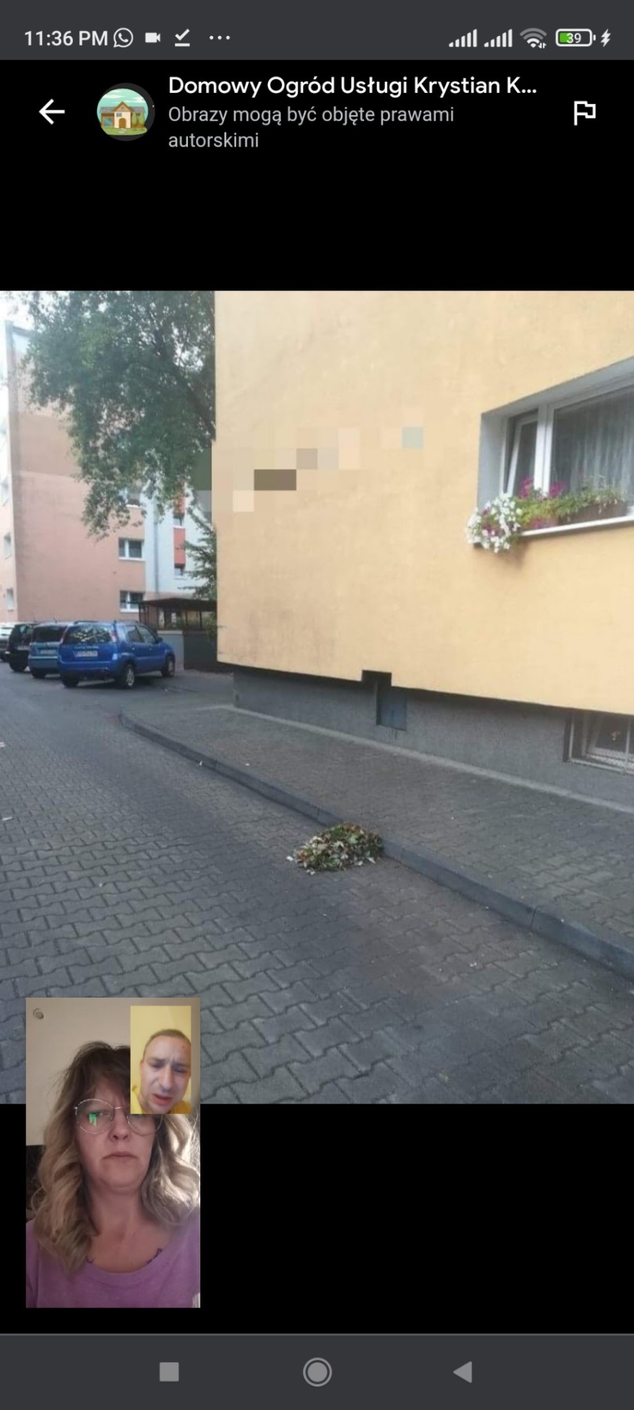 Kupa zgrabionych liści leżąca na chodniku przed budynkiem mieszkalnym z kwiatami w oknie, widziana z poziomu chodnika.